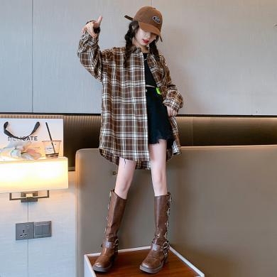 童咖童啡女童衬衫春秋款2023新款小女孩时髦长袖衬衣儿童格子上衣薄款外套83221