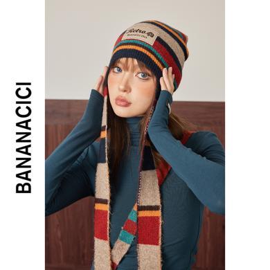 BANANA CICI2023年冬季新款美式复古风设计感贴标撞色条纹针织帽C234S170