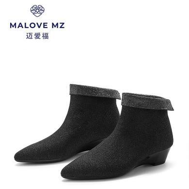 MALOVE MZ女鞋子女靴子女短靴女秋冬新款尖头坡跟弹力靴法式短靴时尚瘦瘦靴 22A55-2