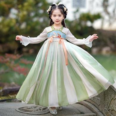 安妮优儿 新款女童汉服绿色儿童复古装女孩中国风超仙夏季薄款连衣裙 SL2201长袖