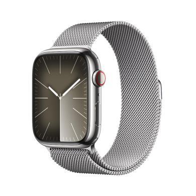 【支持购物卡积分】Apple Watch Series 9 苹果手表GPS + 蜂窝款45毫米银色不锈钢表壳 银色米兰尼斯表带 电话手表 s9手表 智能手表