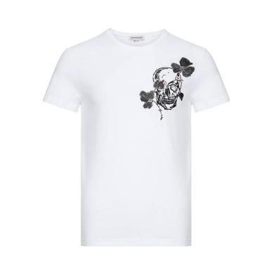 【支持购物卡】ALEXANDER MCQUEEN/麦昆 男士白色棉质骷髅图案印花短袖T恤 香港直邮