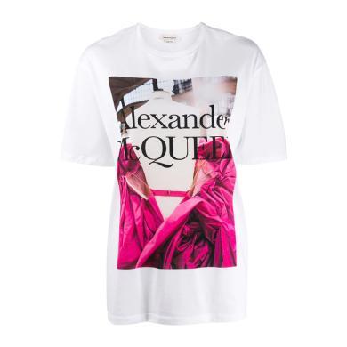 【支持购物卡】ALEXANDER McQUEEN 亚历山大麦昆女士时尚个性潮流白色印花短袖T恤 香港直邮