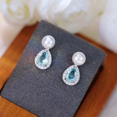 慕梵珠宝  高级轻奢淡水珍珠优雅水滴蓝锆石耳环