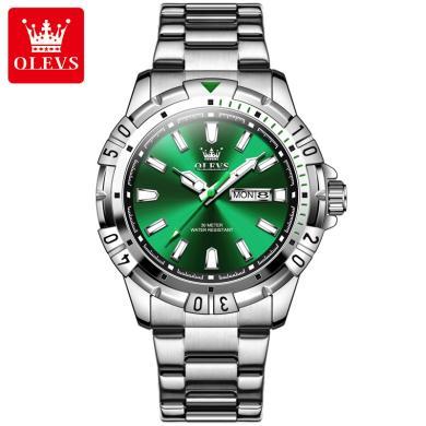 欧利时(OLEVS)瑞士品牌手表男士运动绿水鬼防水石英表精钢表链大气时尚男表