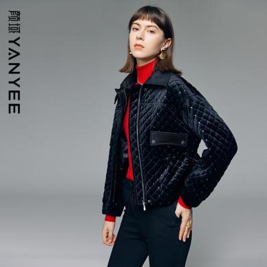 颜域气质短款棉服女2023新款冬季复古菱格棉衣黑色翻领棉袄外套女05W311413