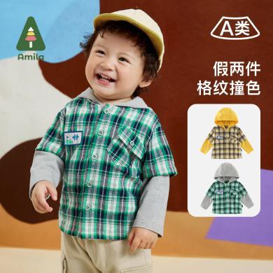 Amila童装秋季新款儿童拼接衬衫假两件格纹撞色男童连帽上衣CS031