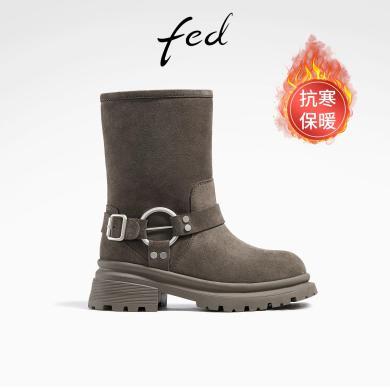fed加厚保暖靴冬季新款靴子粗跟短靴加绒时装靴女款CWB355