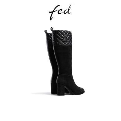 fed高跟长靴冬季新款靴子小香风长筒靴拼接时装靴女款CQIB326