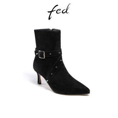 fed真皮小短靴冬季新款靴子尖头时装靴气质瘦瘦靴女款CQIB335-01