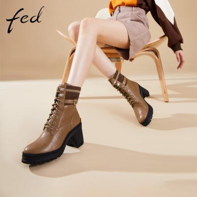 fed马丁靴女款冬季靴子复古增高时尚粗跟短靴1114-ZF539