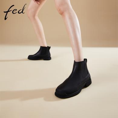 fed短靴女冬季靴子黑色百搭女士法式切尔西靴1004-ZF358