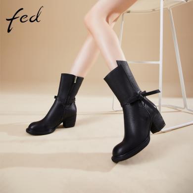 fed粗跟短靴冬季靴子圆头侧拉链气质女士单靴1126-ZFA511