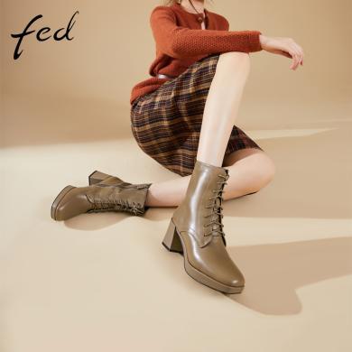 fed短靴女小个子增高冬季靴子加绒系带粗跟马丁靴1214-ZF279