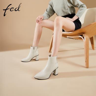 fed法式小短靴冬季尖头粗跟瘦瘦靴简约时装靴1102-ZF532