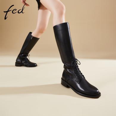 fed长靴冬季靴子系带加绒骑士靴圆头高筒靴女1130-ZF573