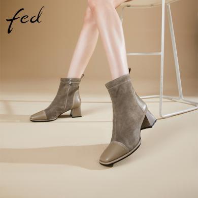 fed瘦瘦靴冬季加绒靴子方头侧拉链洋气粗跟短靴女1108-ZFA201