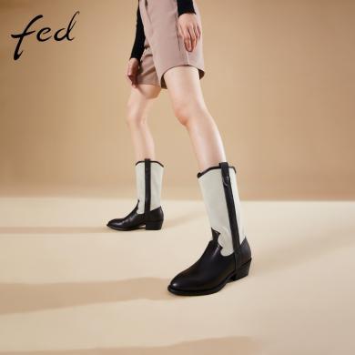 fed中筒靴冬季加绒靴子复古气质女士骑士靴瘦瘦靴1117-ZF366