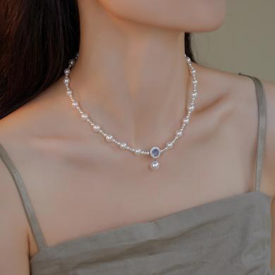 金世流年珠宝 海蓝宝S925纯银珍珠项链女轻奢小众设计感锁骨链高级百搭饰品