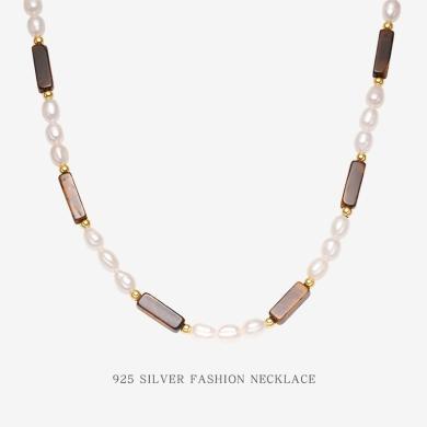 金世流年珠宝 美拉德风格S925纯银虎眼珍珠项链女高级时尚感锁骨链银颈饰品