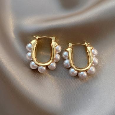 金世流年珠宝 S925银巴洛克风U形白贝珍珠耳环女法式复古耳扣设计感轻奢高级耳饰潮
