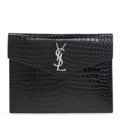 【支持购物卡】YSL/圣罗兰女士黑色皮革银色logo手拿包钱包香港直邮