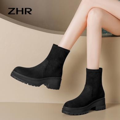 ZHR棉鞋短靴女秋冬新款黑色厚底小个子雪地靴复古加绒瘦瘦靴EHT27MA