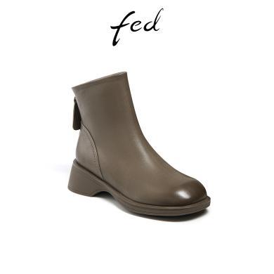 fed英伦风短靴冬季新款靴子粗跟瘦瘦靴真皮短靴女款LM-CWB231