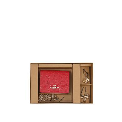 【支持购物卡】COACH/蔻驰 女士时尚红色皮质单肩斜挎链条包钱包套装香港直邮