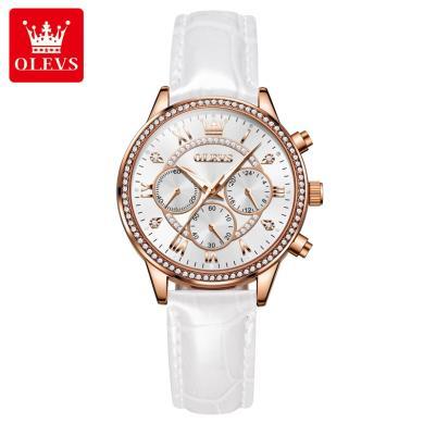 欧利时(OLEVS)瑞士品牌手表女士新款镶钻石英表女多表盘潮流防水真皮表带时尚腕表