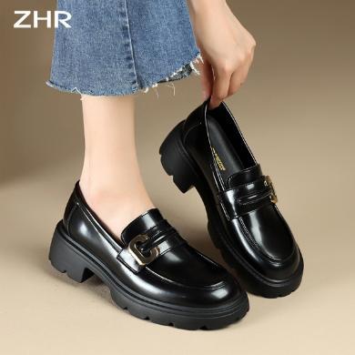 ZHR乐福鞋女2024新款春季二层牛皮复古厚底增高小皮鞋黑色一脚蹬粗跟单鞋AY123