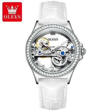 瑞士欧利时(OLEVS)品牌手表女士镶钻镂空自动机械表女新款简约轻奢真皮带时尚防水腕表