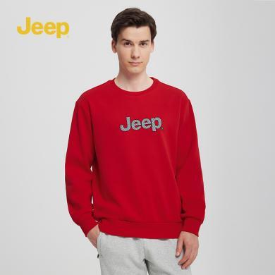 Jeep吉普官方春季新款加绒男士卫衣男宽松新年红色休闲上衣	P834MKJ449