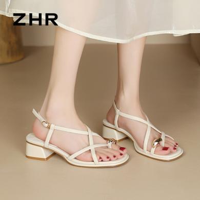 ZHR罗马凉鞋女外穿夏季新款中跟法式气质方头粗跟一字带夹趾女鞋Y789