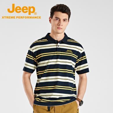 【男女同款】Jeep/吉普纯棉男士POLO衫新款宽松休闲短袖亲肤透气条纹T恤女J422079993