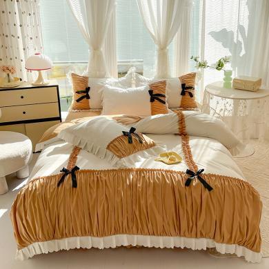 原品纺 韩版公主风纯棉四件套少女心蕾丝花边蝴蝶结被套床单床上用品