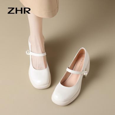 ZHR则则玛丽珍女鞋2024春季新款粗跟配裙子一字扣浅口单鞋气质珍珠高跟鞋EH39