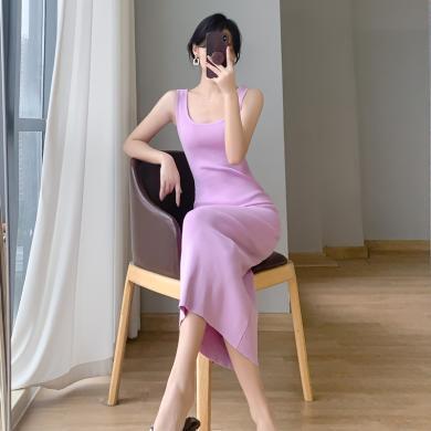 艾俪梧 紫色针织吊带连衣裙女夏季设计感小众修身气质性感长款包臀裙9312-3