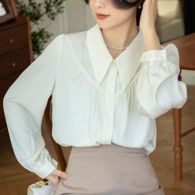 丹语 雪纺衬衫女2024新款女装职业宽松白色衬衣设计感高级方领法式上衣C4C0261-DA