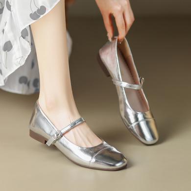 ZHR则则玛丽珍鞋女2024春季新款浅口百搭豆豆鞋复古法式银色芭蕾平底单鞋AH335