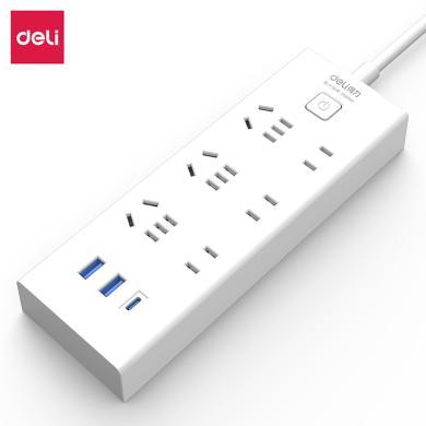 得力18289延长线插座插排插线板USB3+3+3U2米彩盒装(白)(只)