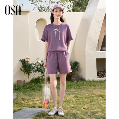 OSA欧莎紫色运动休闲套装女夏季新款设计感圆领短袖T恤短裤显白两件套 S124B15003T