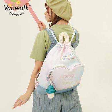 VANWALK出走新款女包包美式复古牛仔旅行双肩包ins抽绳背包女学生书包V2614