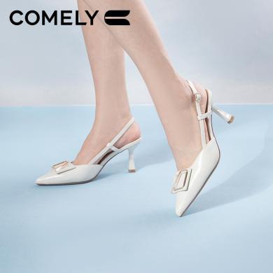 康莉KYQ2K230包头凉鞋女2024年春季新款方扣尖头细跟高跟鞋时尚女鞋