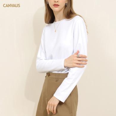CANVAUS2024新款装长袖T恤女白色宽松韩版百搭棉质圆领打底衫女装上衣F1225A