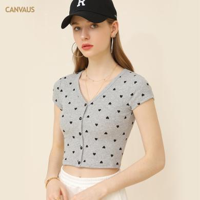 CANVAUS2024夏季新款装短袖t恤女内搭新款v领修身爱心印花露腰短上衣K1130A