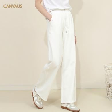 CANVAUS休闲裤女2024夏季新款白色裤子气质时尚抽绳松紧中腰阔腿长裤UP100A
