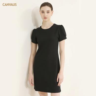CANVAUS2024夏季新款短袖连衣裙女宽松气质韩系小个子泡泡袖圆领中腰裙子K1156A
