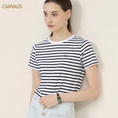 CANVAUS2024夏季新款韩版绣花条纹T恤女短袖棉质海军风外穿圆领上衣潮K1148A
