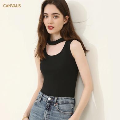 CANVAUS2024夏季新款设计感小高领镂空背心女紧身显瘦纯色无袖内搭罗纹上衣V177A